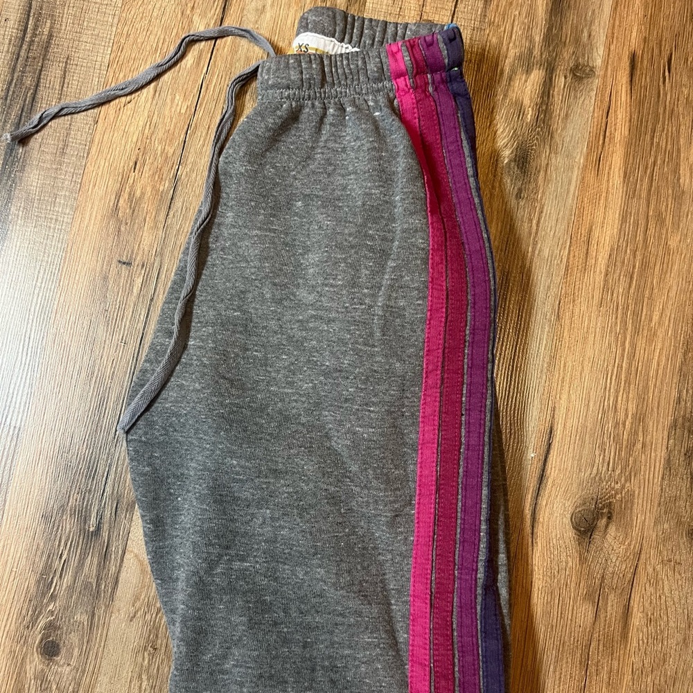 Aviator Nation gray sweatpants with Pink and Purple Stripes